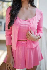 Button Down Cardigan, Cami and Shorts Set - Trendsi - Flyclothing LLC