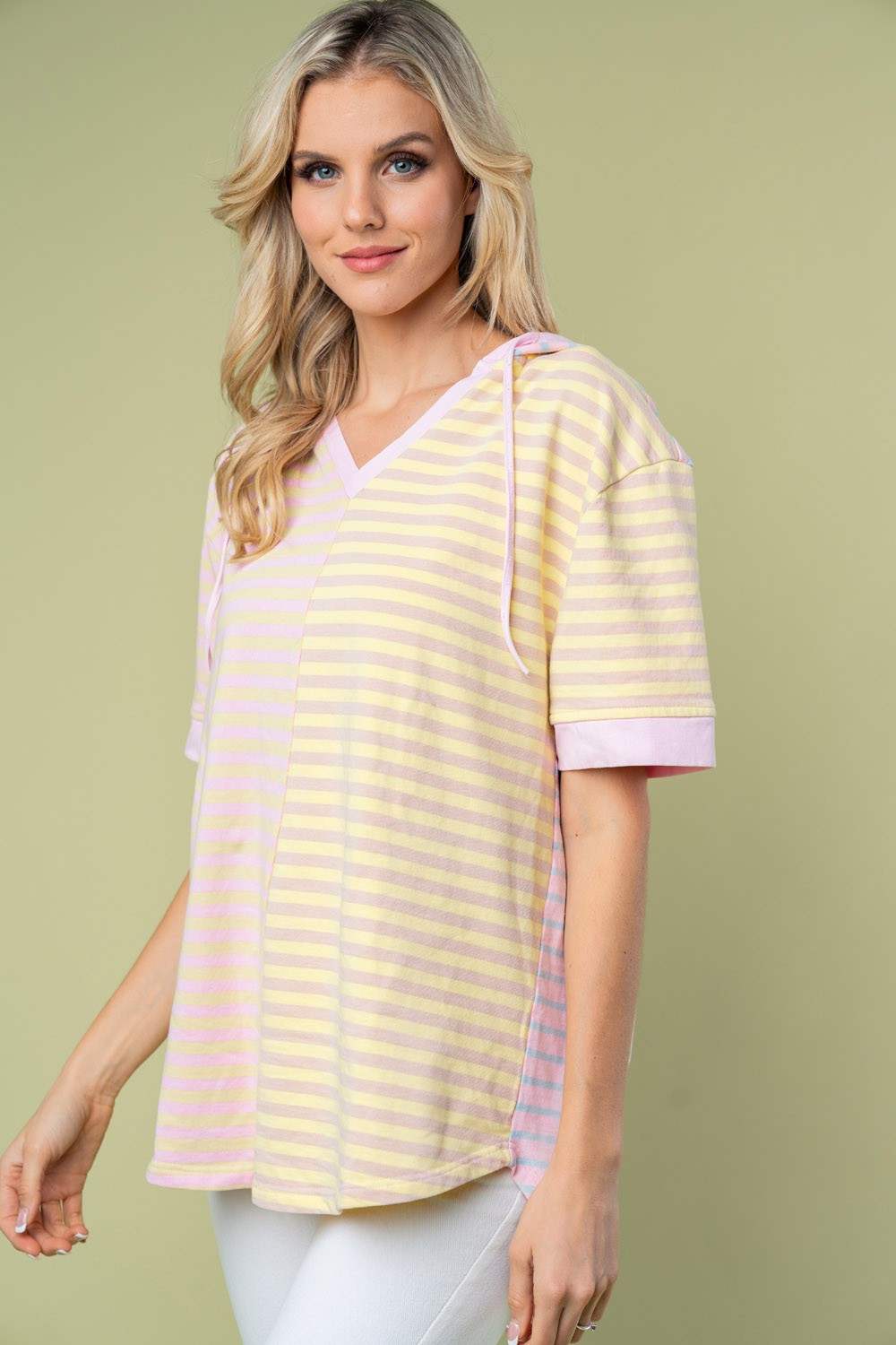 White Birch Full Size Striped Short Sleeve Drawstring Hooded Top - Trendsi - Flyclothing LLC