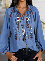 Floral Embroidered Split Neck Tassel Tie Puff Sleeve Blouse - Trendsi - Flyclothing LLC