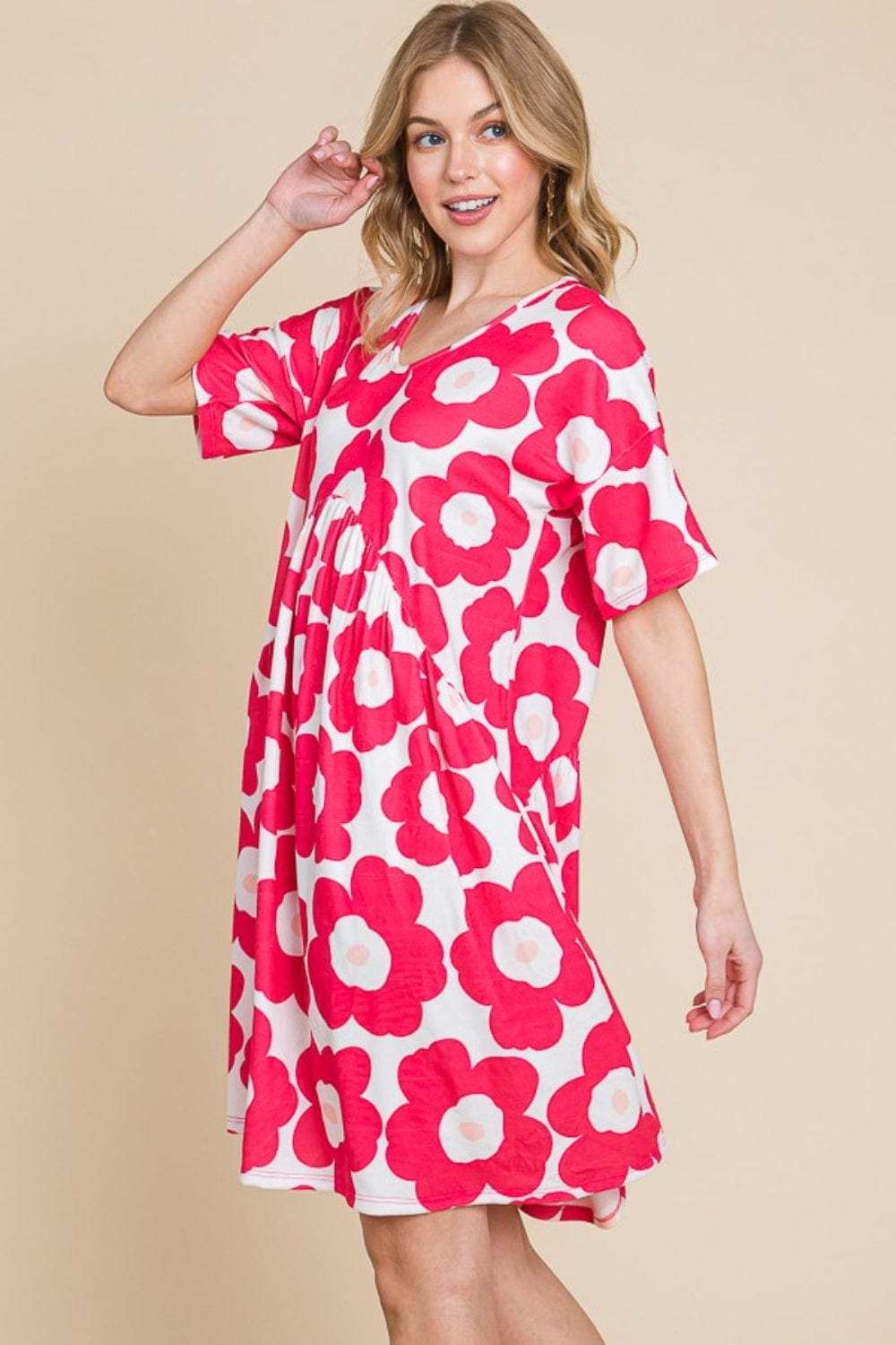 BOMBOM Flower Print Ruched Dress - Trendsi - Flyclothing LLC