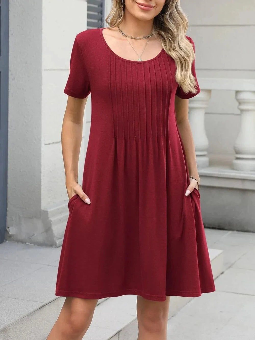 Pleated Front Round Neck Swing Dress - Trendsi