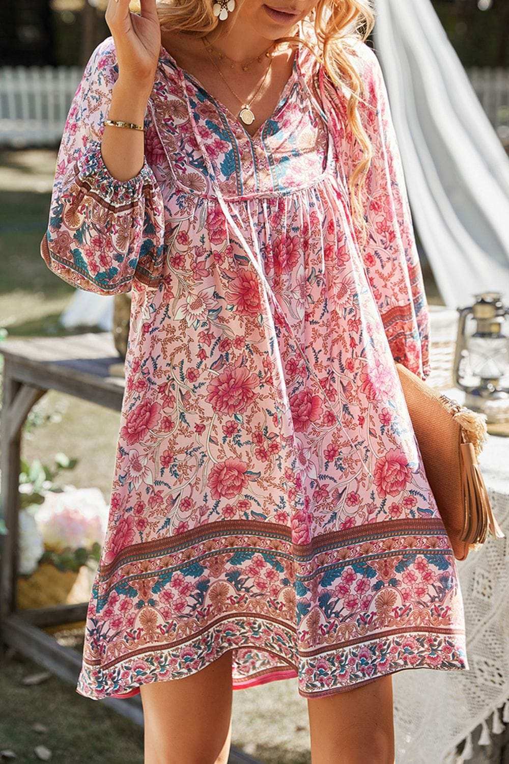 Devine Printed Tie Neck Mini Dress - Trendsi - Flyclothing LLC