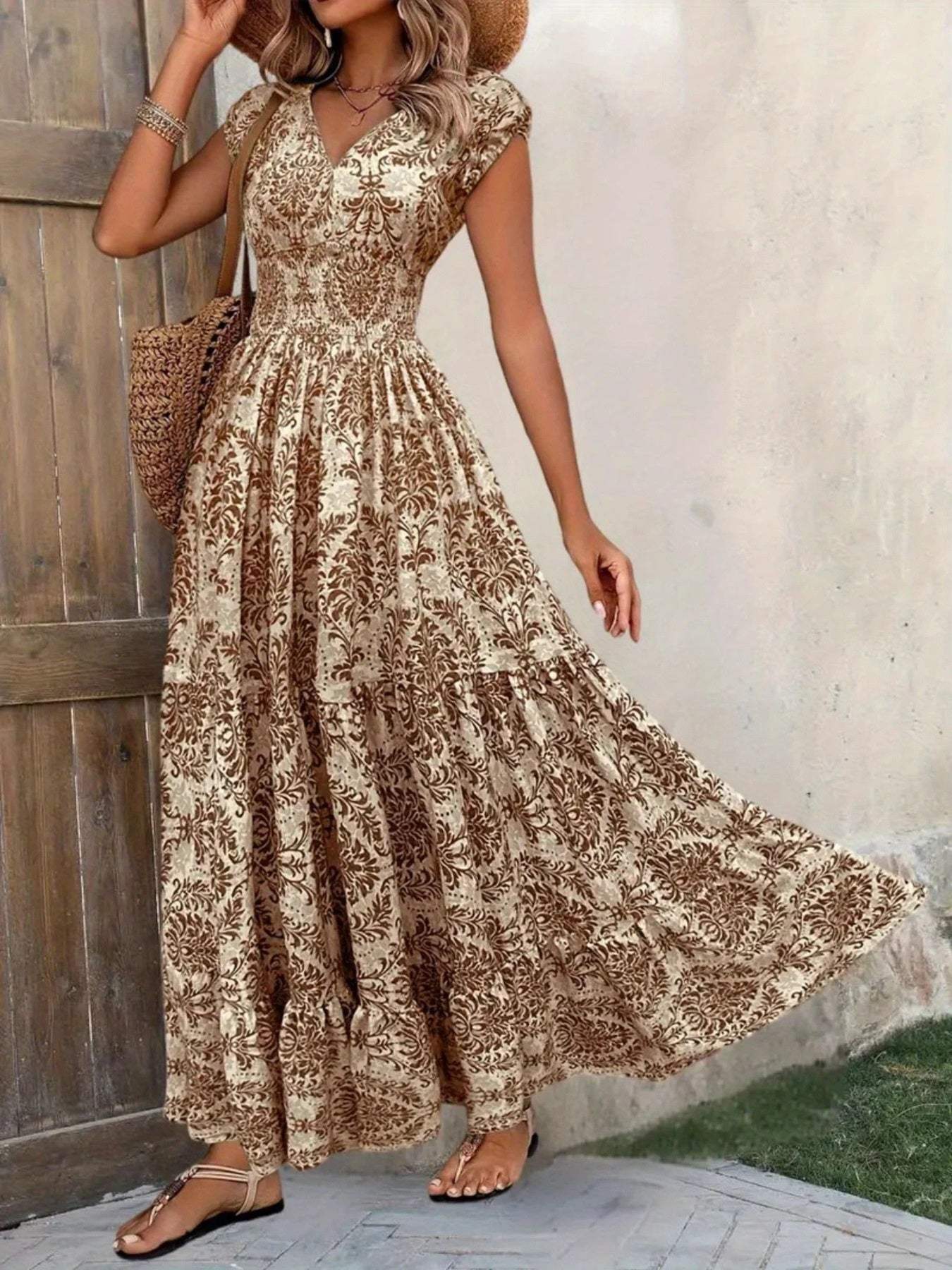 Printed Cap Sleeve Maxi Dress - Trendsi - Flyclothing LLC