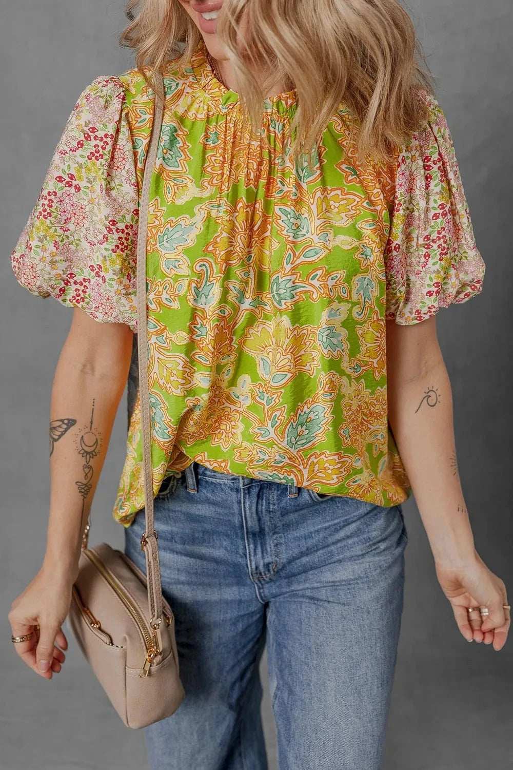 Multicolour Printed Contrast Bubble Sleeve Patchwork Blouse - Trendsi - Flyclothing LLC