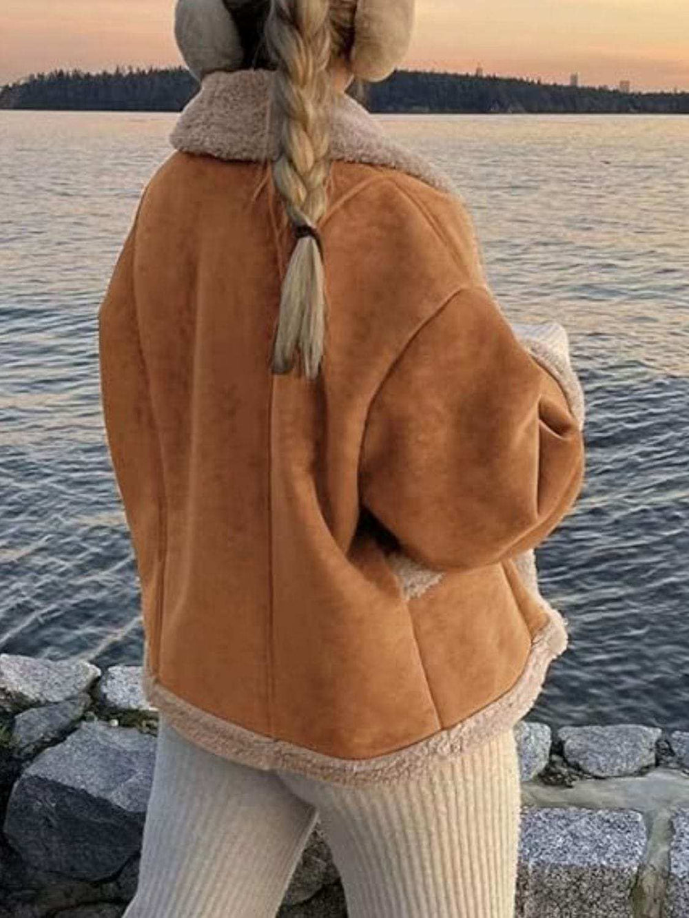 Fuzzy Collared Neck Long Sleeve Jacket - Trendsi - Flyclothing LLC