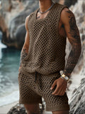 Men's Plus Size Hollow Out Round Neck Tank and Shorts Set - Trendsi