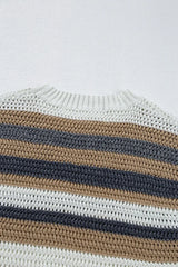 Stripe Color Block Eyelet Knit Short Sleeve Knit Top - Trendsi - Flyclothing LLC