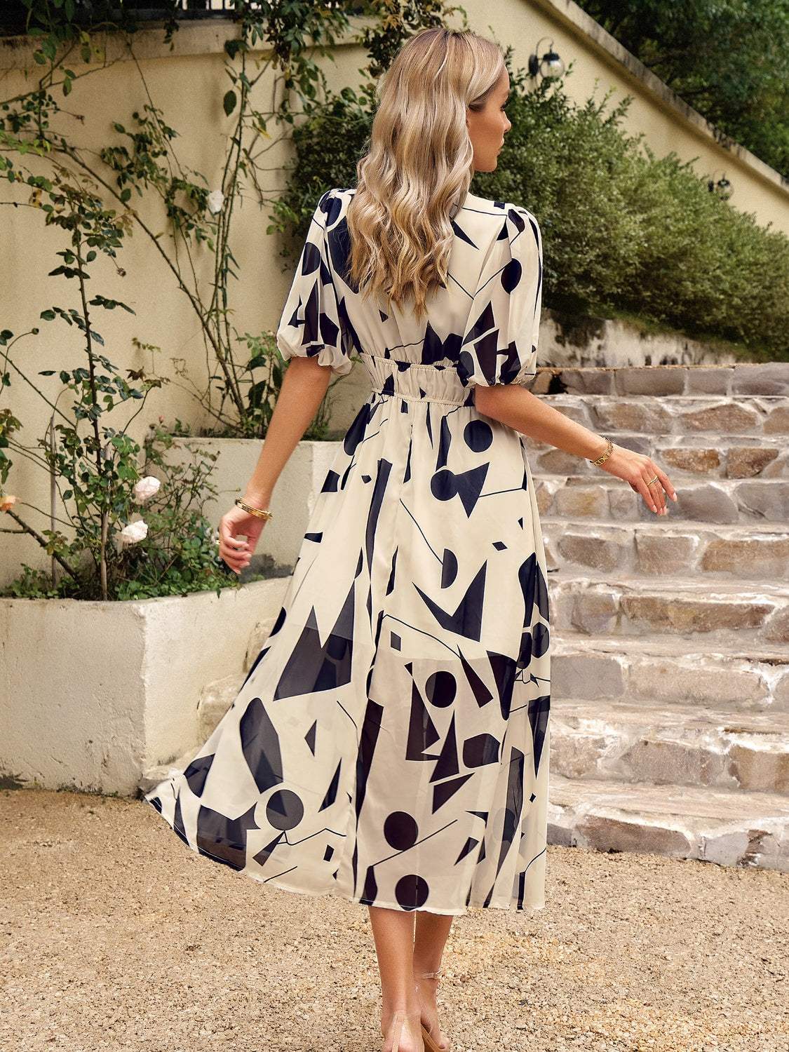 Smocked Printed V-Neck Half Sleeve Midi Dress - Trendsi - Flyclothing LLC