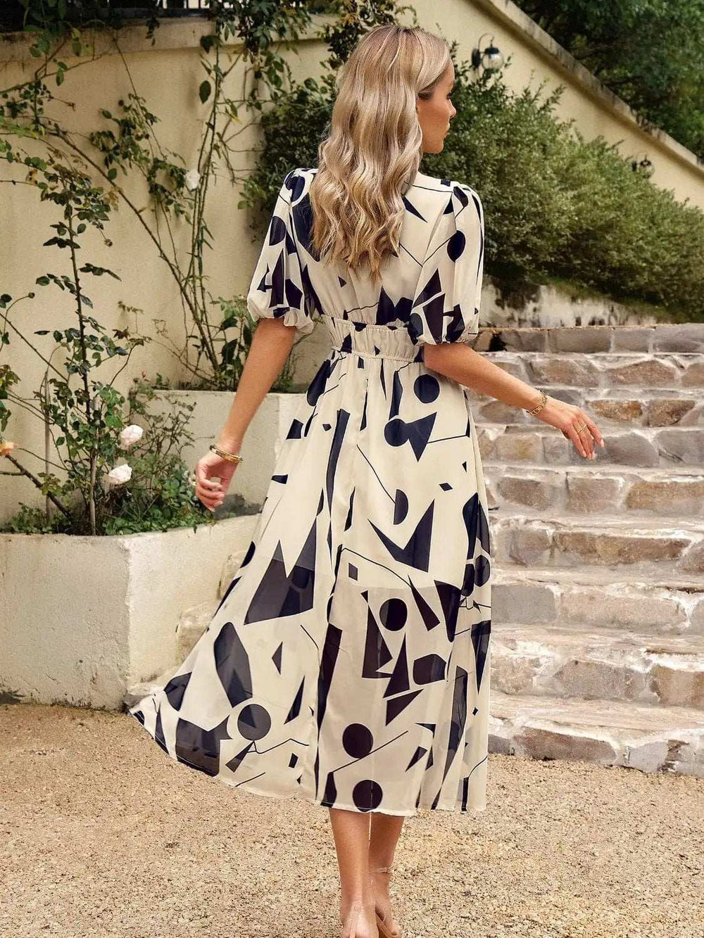 Smocked Printed V-Neck Half Sleeve Midi Dress - Trendsi - Flyclothing LLC