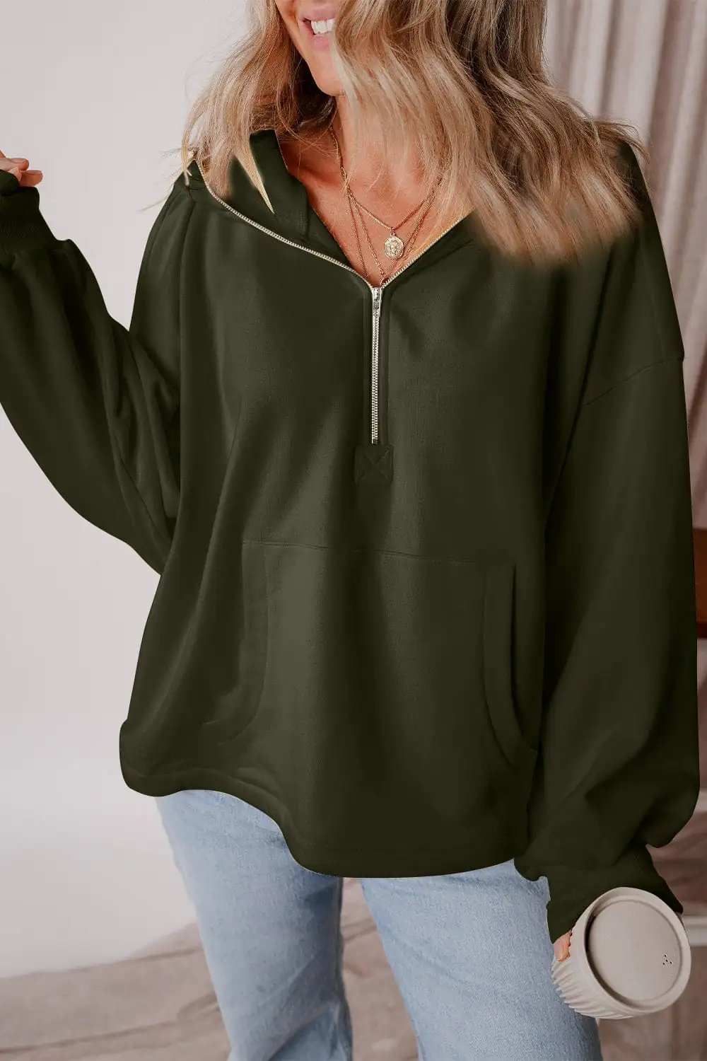 Pocketed Half Zip Dropped Shoulder Hoodie - Trendsi - Flyclothing LLC