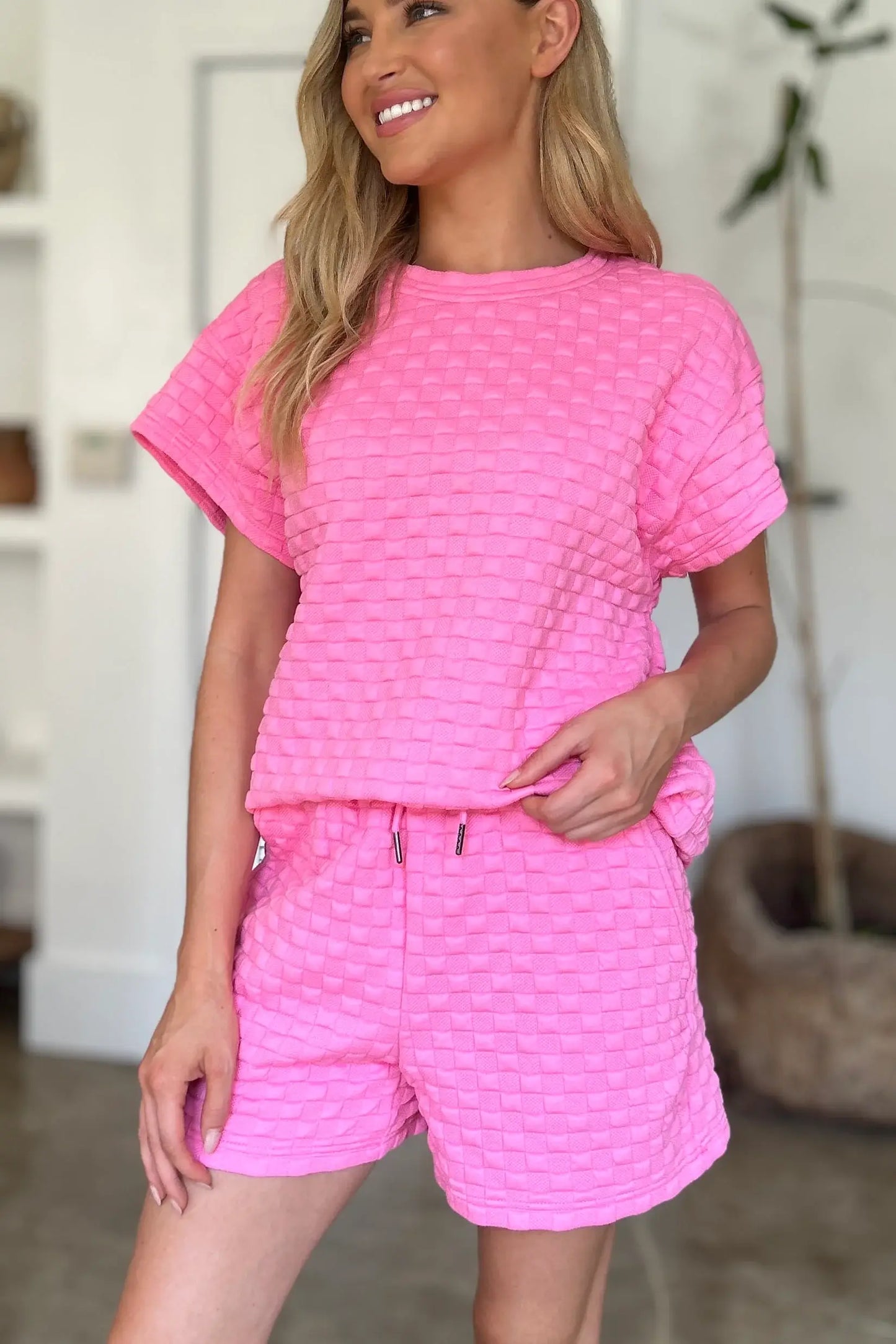 Double Take Full Size Texture T-Shirt and Shorts Set - Trendsi - Flyclothing LLC