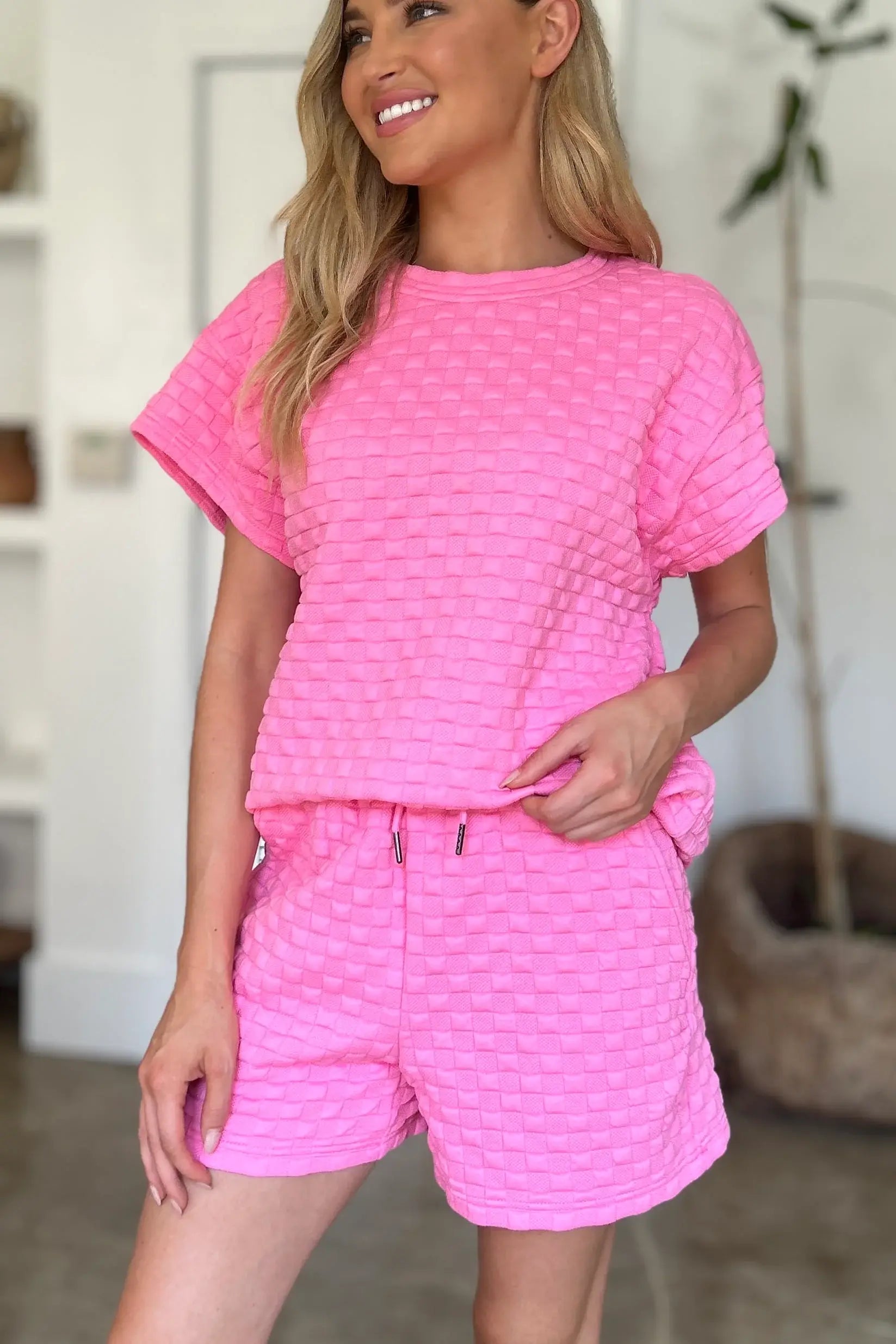 Double Take Full Size Texture T-Shirt and Shorts Set - Trendsi - Flyclothing LLC