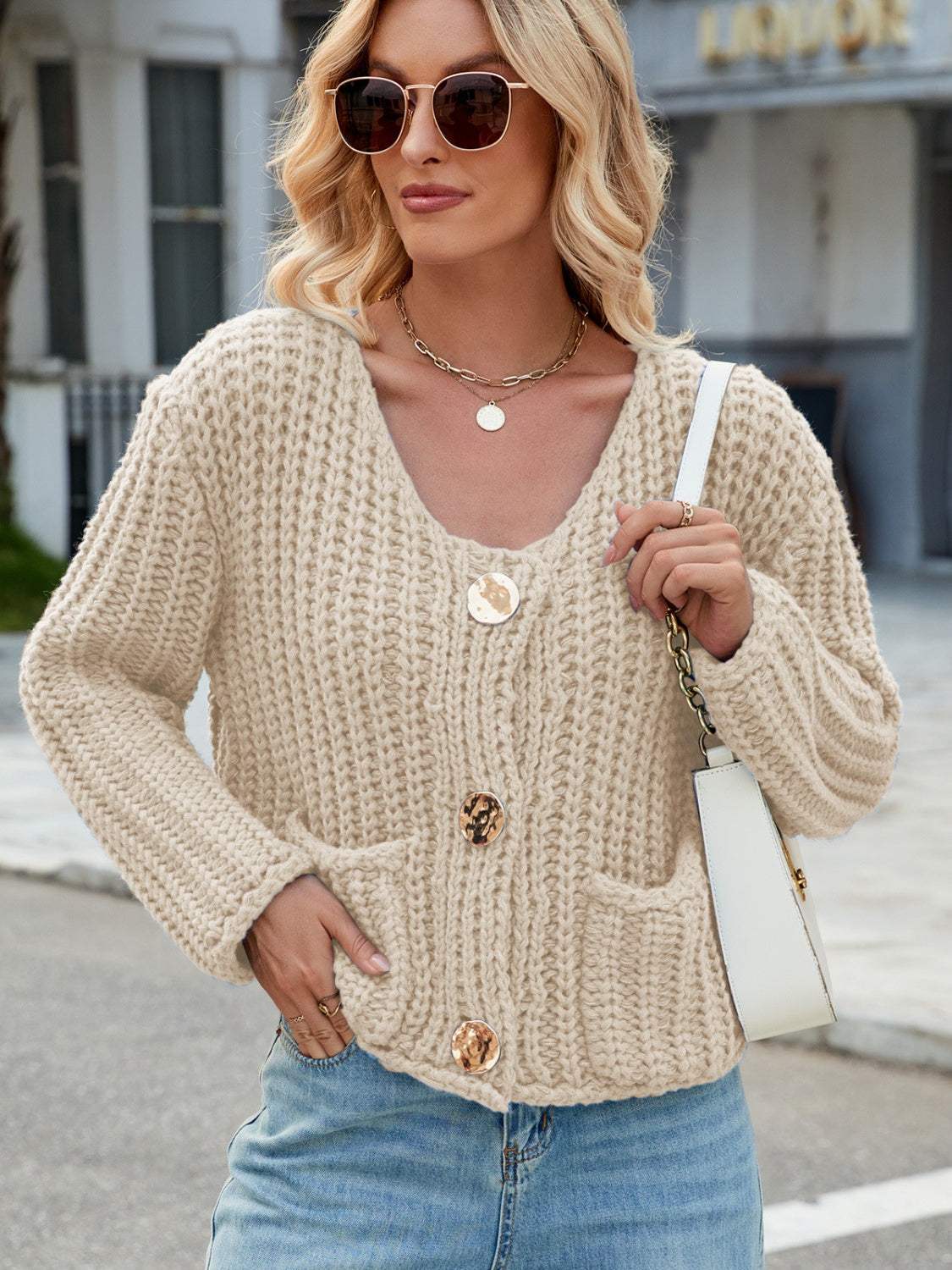 Round Neck Button Up Cardigan with Pockets - Trendsi - Flyclothing LLC