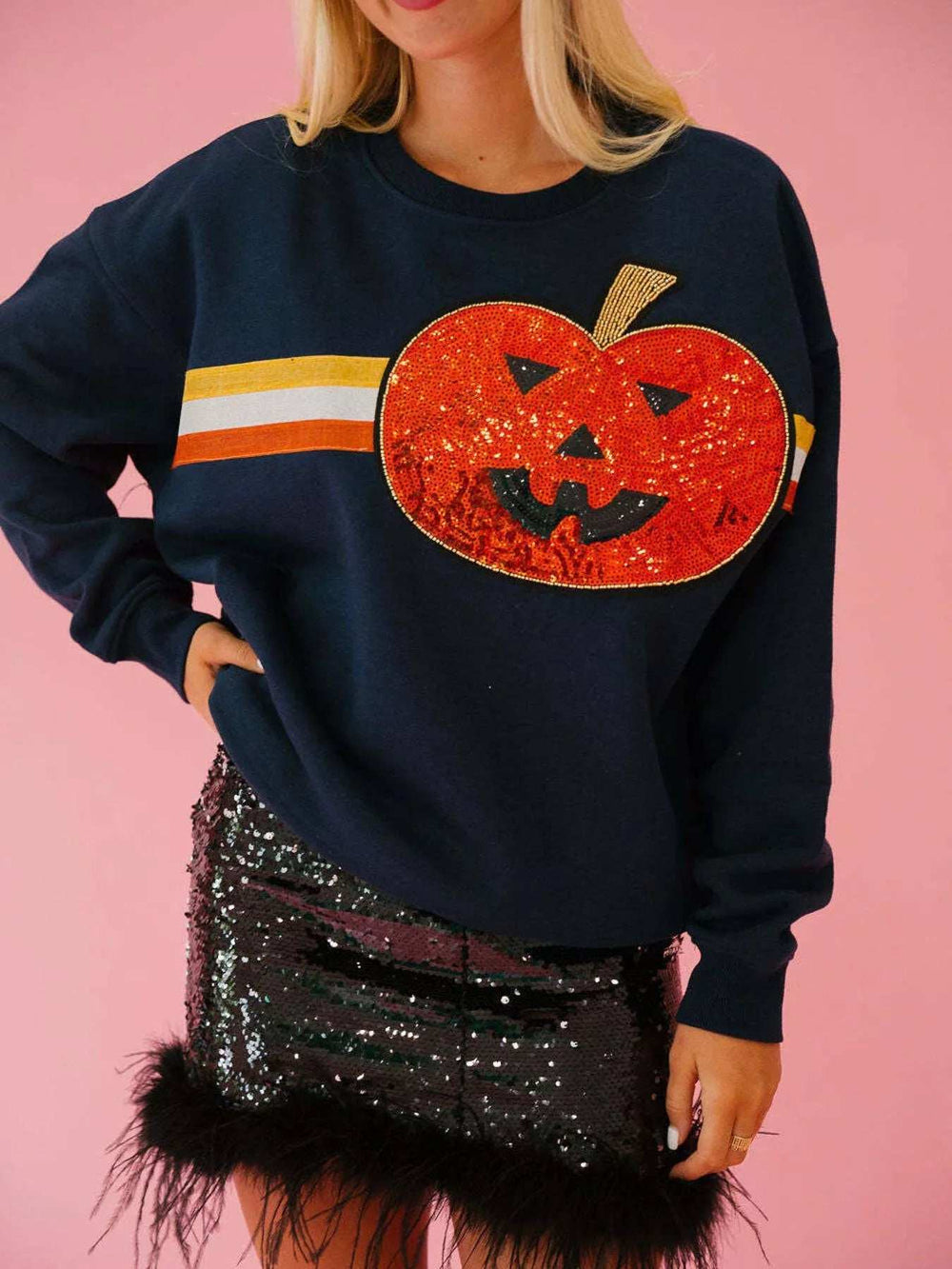 Halloween Sequin Round Neck Sweatshirt - Trendsi - Flyclothing LLC