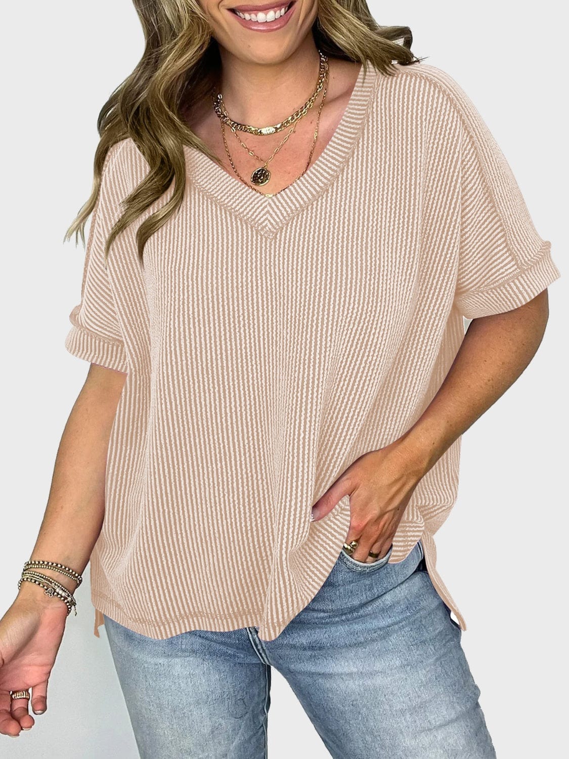 Lovelet Texture V-Neck Half Sleeve T-Shirt - Trendsi