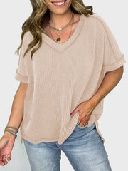 Lovelet Texture V-Neck Half Sleeve T-Shirt - Trendsi