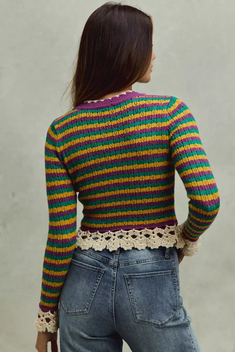 SO ME Mardi Gras Striped Cropped Knit Top with Crochet Edge - Trendsi - Flyclothing LLC