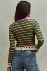 SO ME Mardi Gras Striped Cropped Knit Top with Crochet Edge - Trendsi - Flyclothing LLC