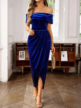 Velvet Off-Shoulder Ruched Midi Dress - Trendsi - Flyclothing LLC