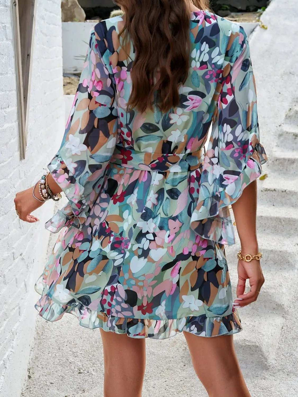 Ruffled Printed Surplice Half Sleeve Mini Dress - Trendsi - Flyclothing LLC