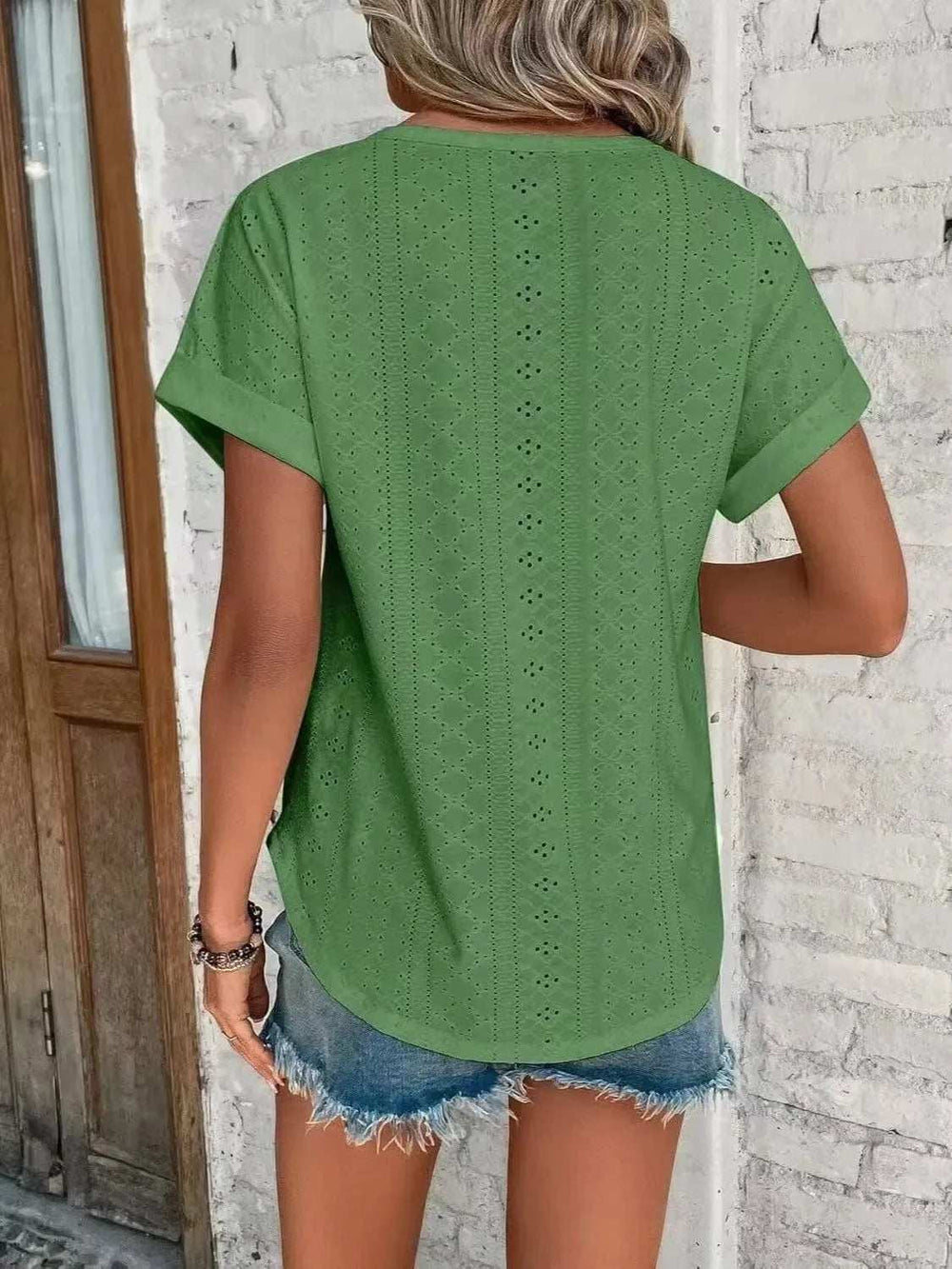 Eyelet Round Neck Short Sleeve Top - Trendsi - Flyclothing LLC