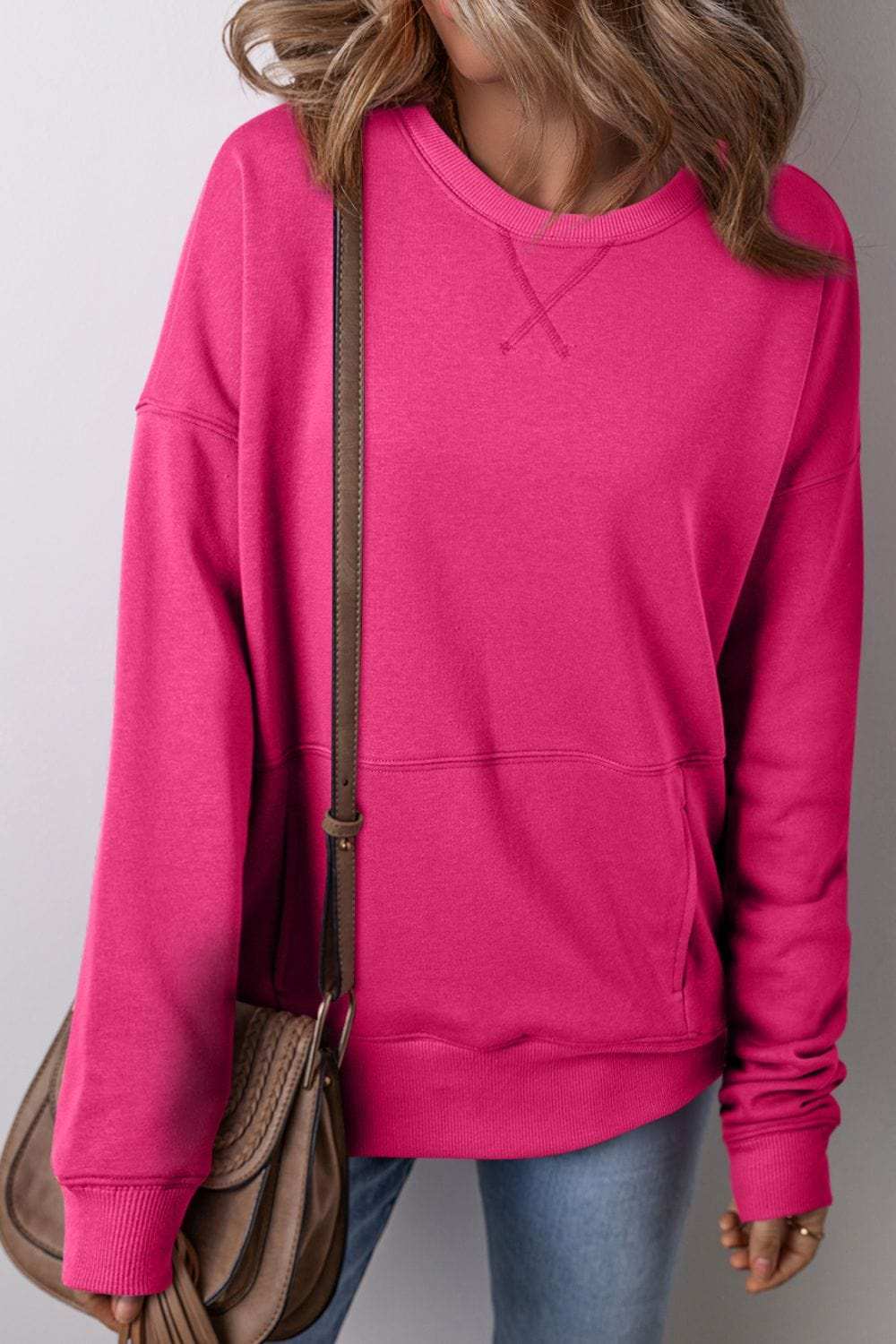 Solid Color Round Neck Long Sleeve Sweatshirt - Trendsi - Flyclothing LLC