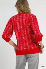 Umgee Jacquard Knit Puff Sleeve Sweater - Trendsi - Flyclothing LLC
