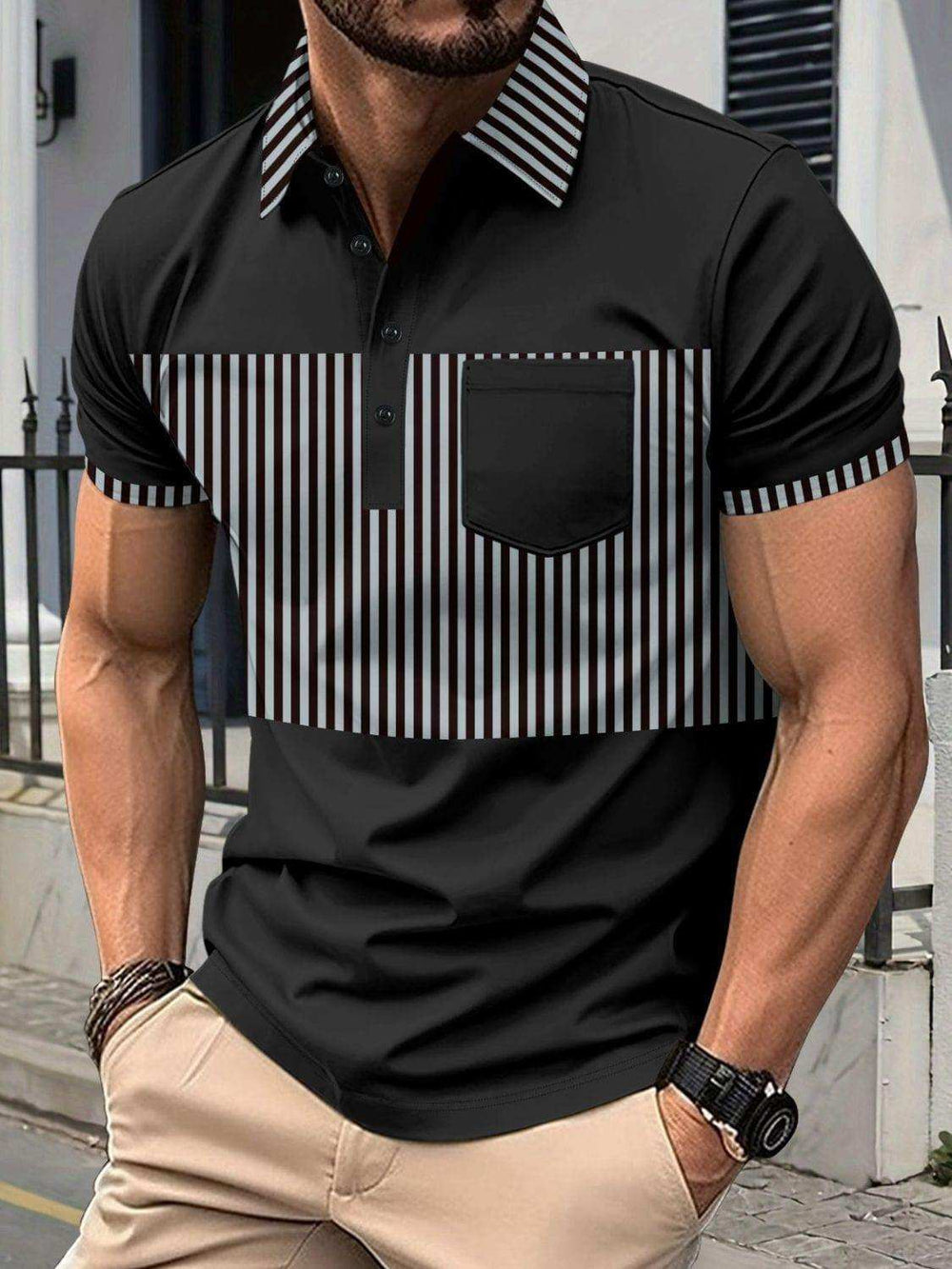 Men's Full Size Collared Contrast Striped Polo Plus Size - Trendsi - Flyclothing LLC