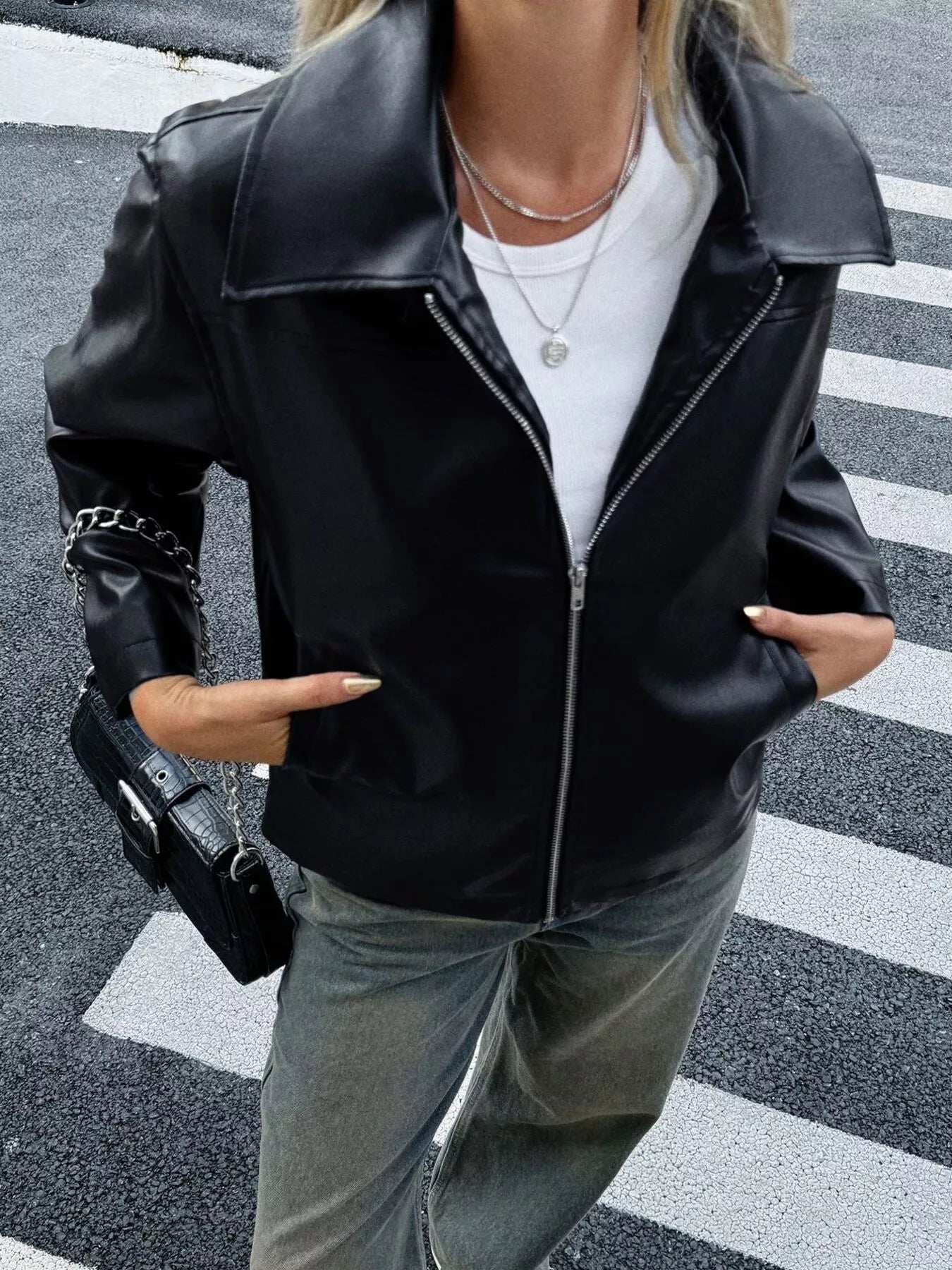 Zip Up Leather Jacket - Trendsi - Flyclothing LLC