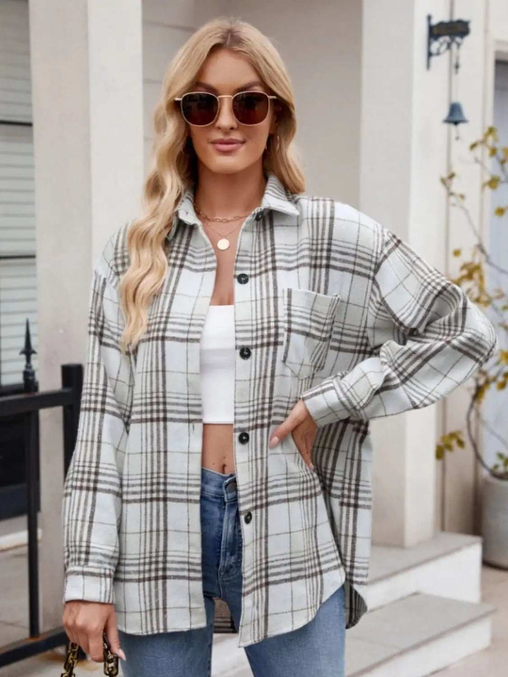 Pocketed Plaid Collared Neck Long Sleeve Shirt - Trendsi - Flyclothing LLC