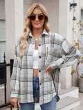 Pocketed Plaid Collared Neck Long Sleeve Shirt - Trendsi - Flyclothing LLC