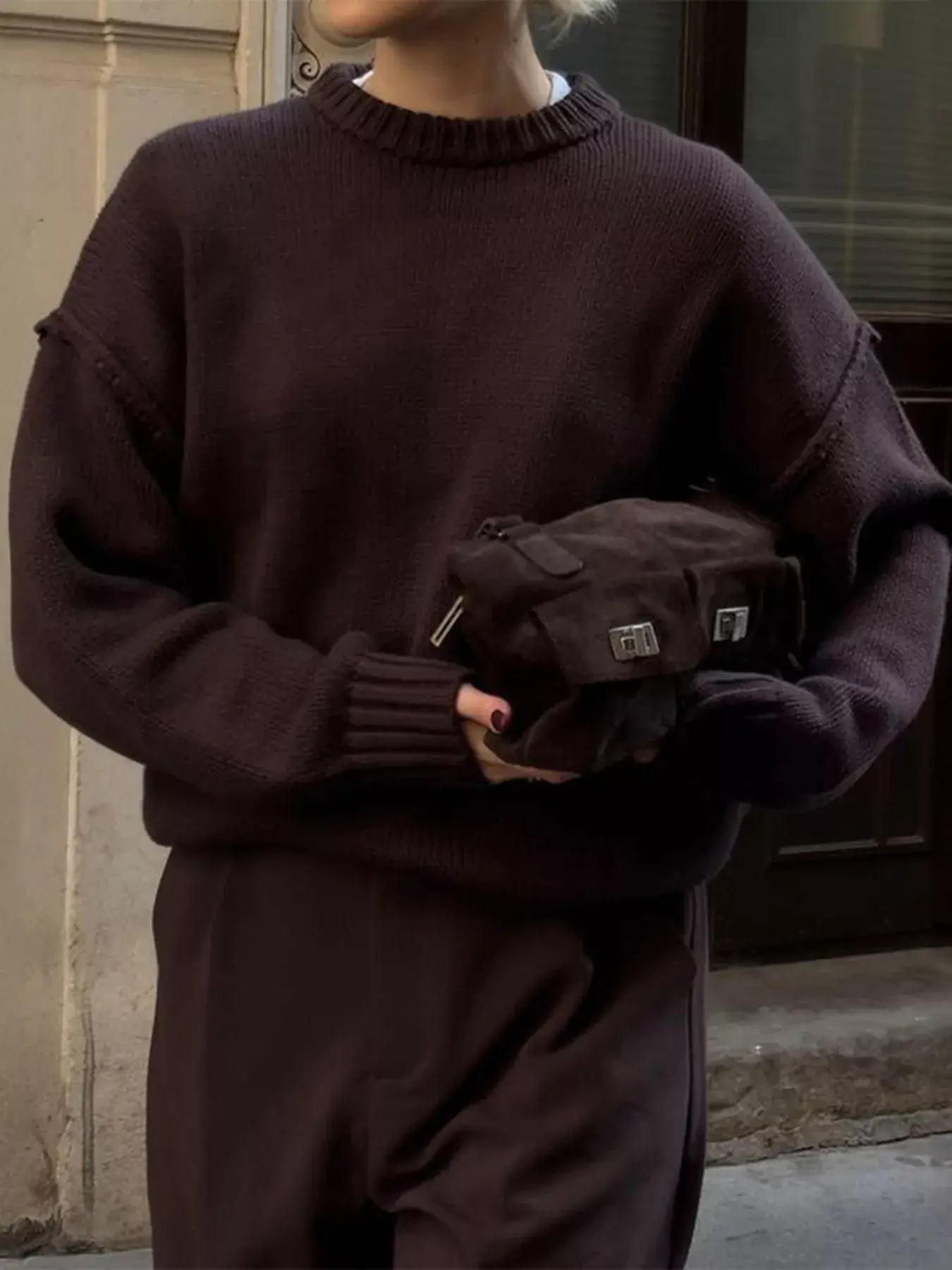 Round Neck Dropped Shoulder Sweater - Trendsi - Flyclothing LLC