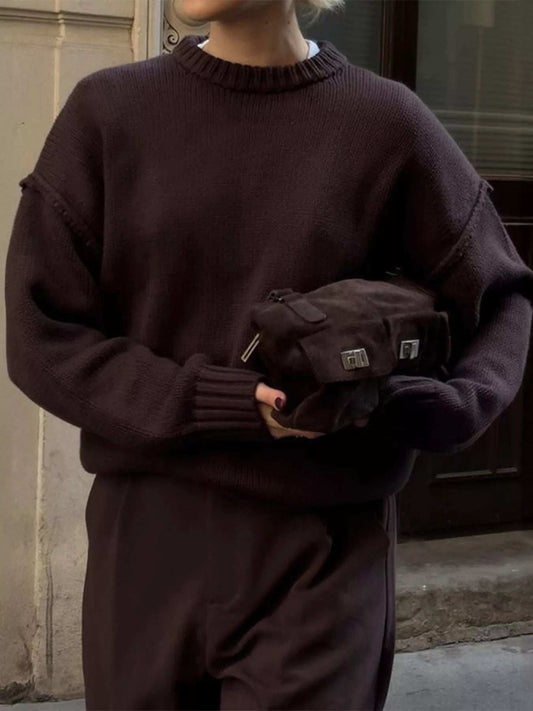 Round Neck Dropped Shoulder Sweater - Trendsi - Flyclothing LLC