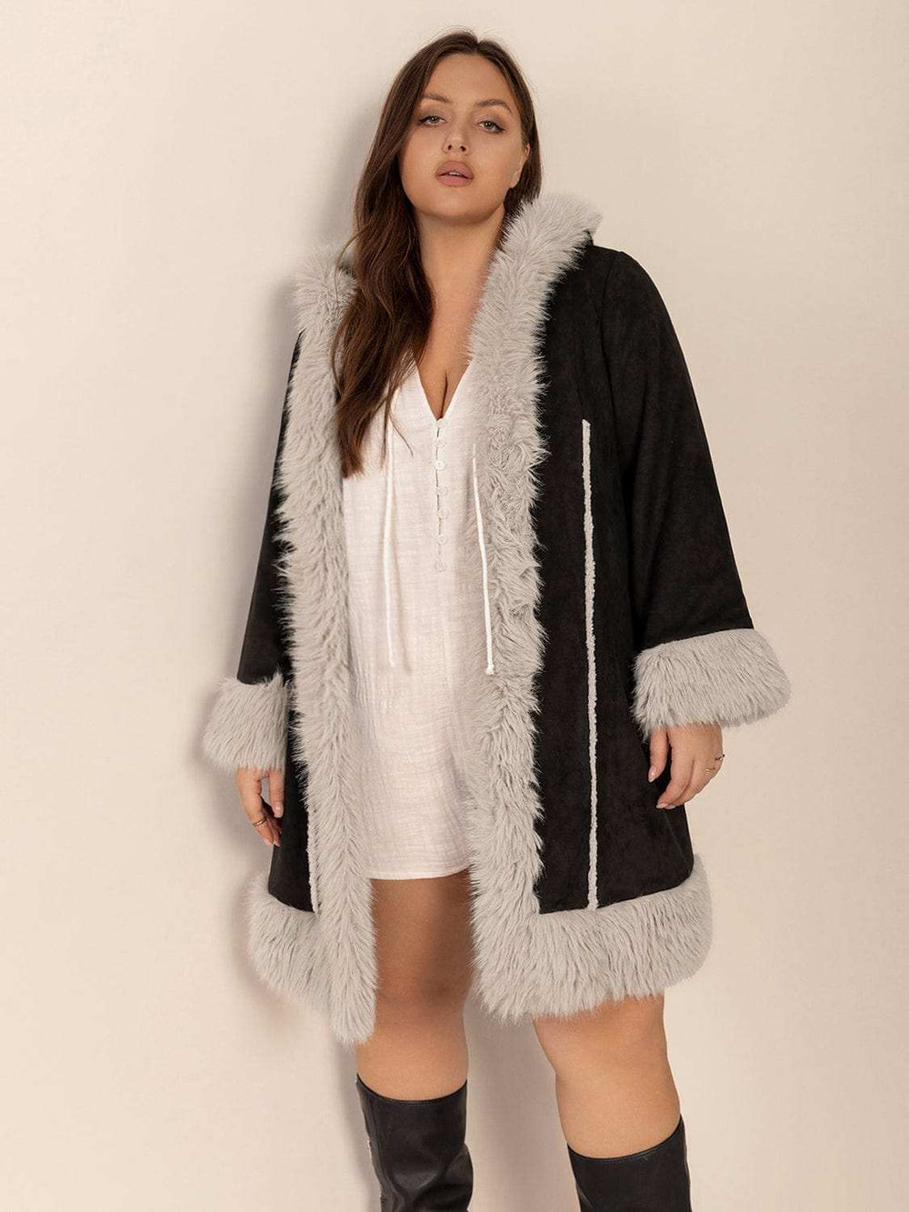 Plus Size Fuzzy Trim Open Front Long Sleeve Hooded Coat - Trendsi - Flyclothing LLC