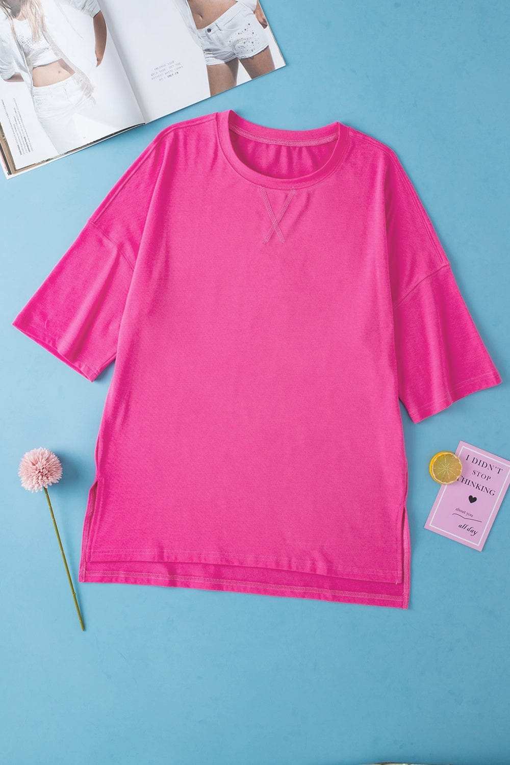 Slit Round Neck Half Sleeve T-Shirt - Trendsi - Flyclothing LLC