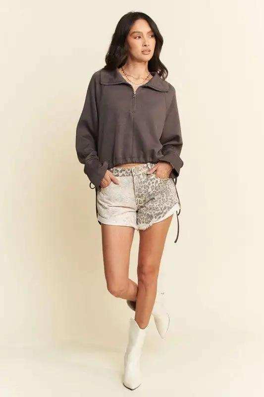 Davi & Dani Drawstring Hem Half Zip Raglan Sleeve Sweatshirt - Trendsi - Flyclothing LLC