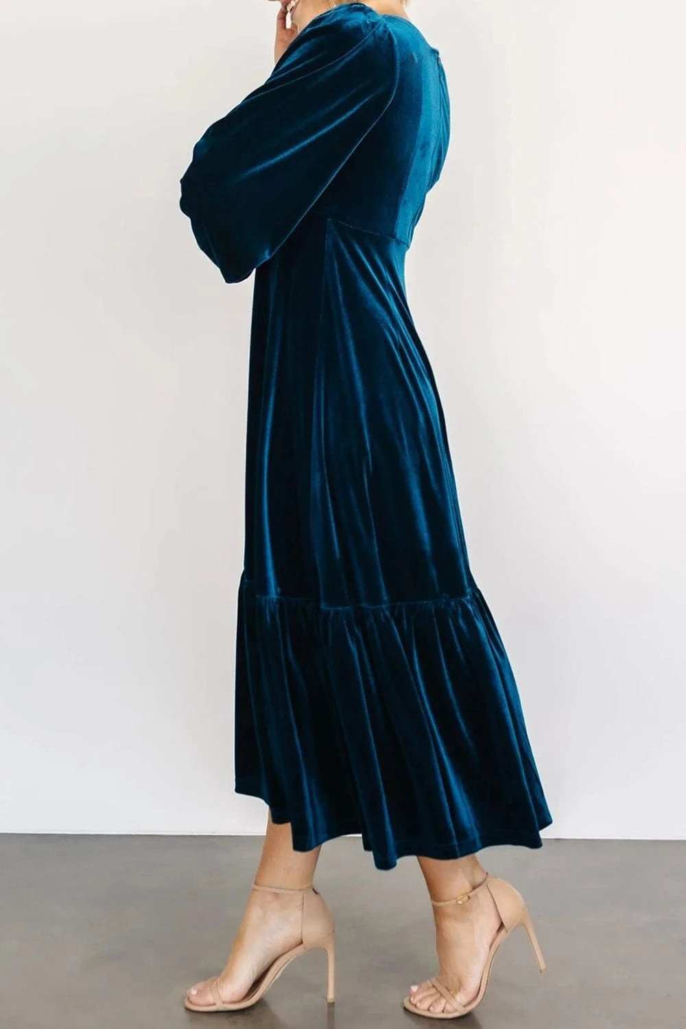 V-Neck Long Sleeve Midi Velvet Dress - Trendsi - Flyclothing LLC