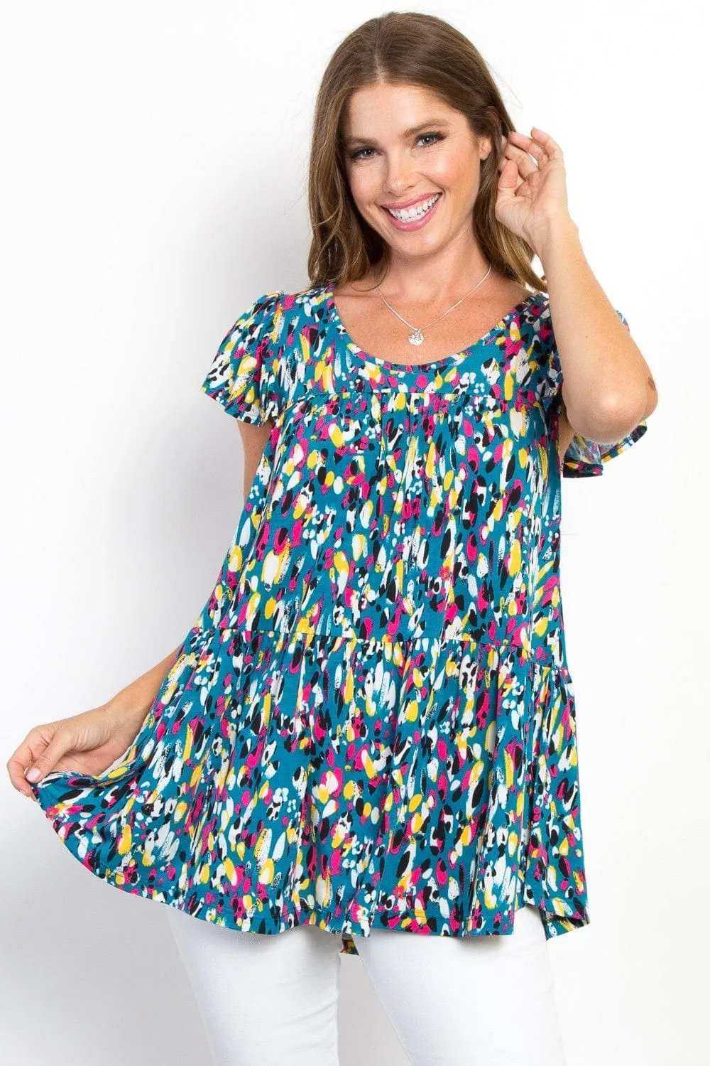 Be Stage Printed Ruffle Sleeve Top - Trendsi - Flyclothing LLC