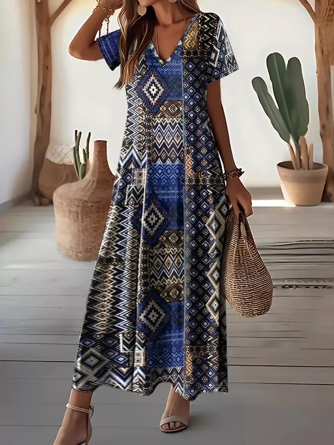 Plus Size Geometric Print V-Neck Short Sleeve Dress - Trendsi - Flyclothing LLC
