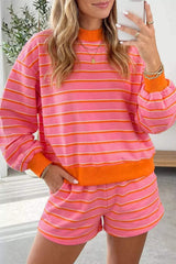 Stripe Color Block Trim Long Sleeve Pullover Pocketed Shorts 2pcs Set - Trendsi - Flyclothing LLC