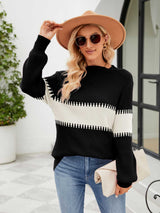 Contrast Round Neck Sweater - Trendsi - Flyclothing LLC
