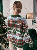Geometric Round Neck Dropped Shoulder Sweater - Trendsi - Flyclothing LLC