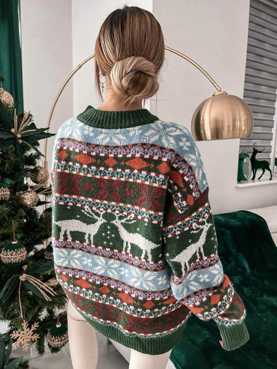 Geometric Round Neck Dropped Shoulder Sweater - Trendsi - Flyclothing LLC