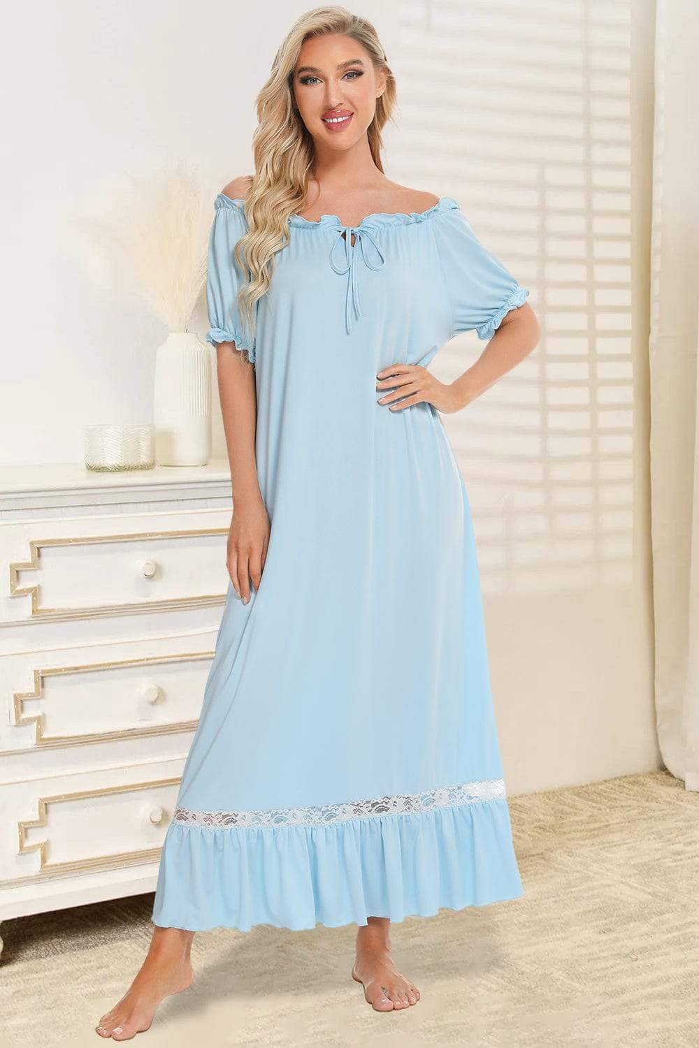 Lace Detail Short Sleeve Lounge Dress - Trendsi - Flyclothing LLC