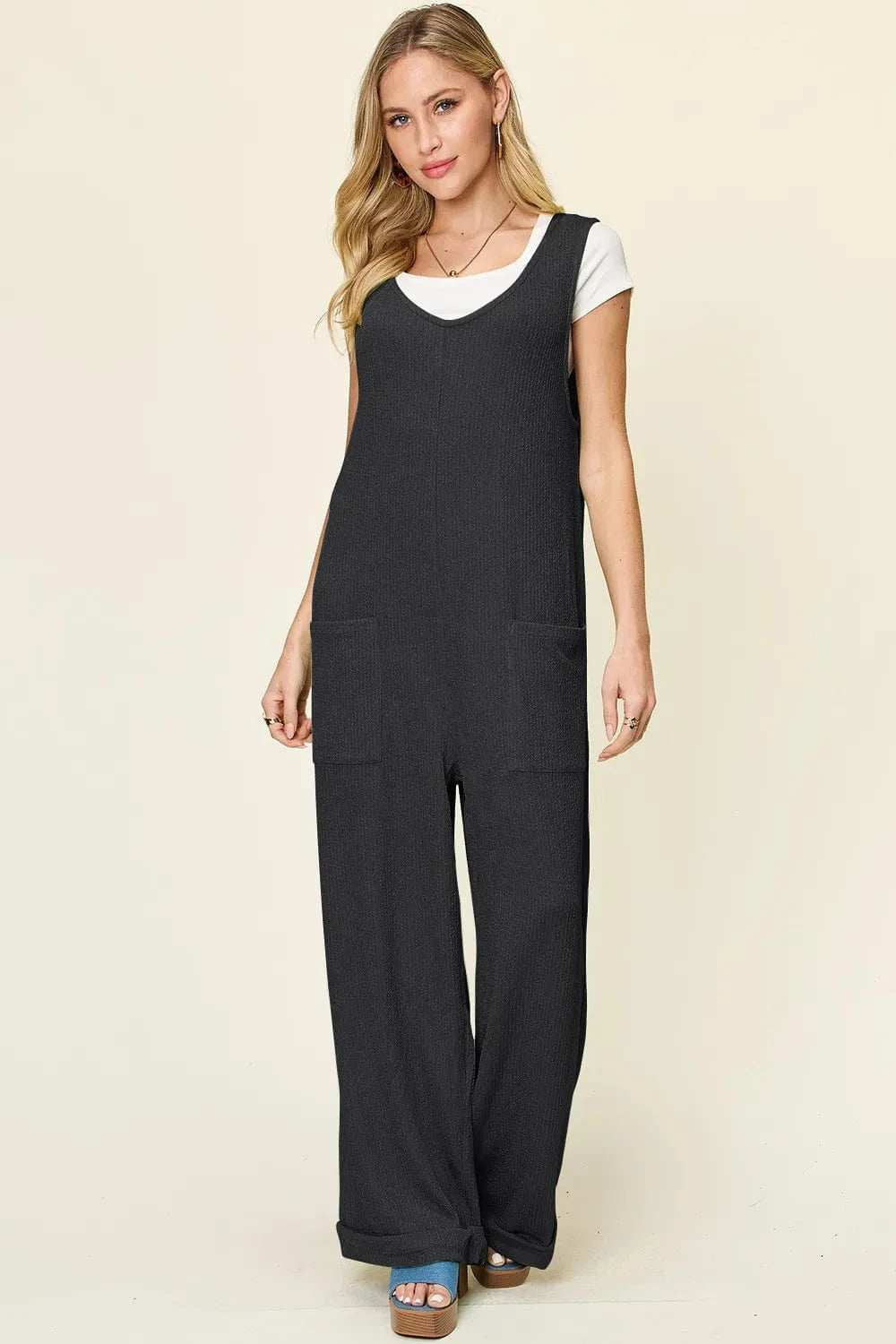 Double Take Full Size Texture Sleeveless Wide Leg Jumpsuit - Trendsi - Flyclothing LLC