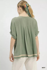 Umgee Linen Contrast Trim V-Neck Blouse - Trendsi - Flyclothing LLC