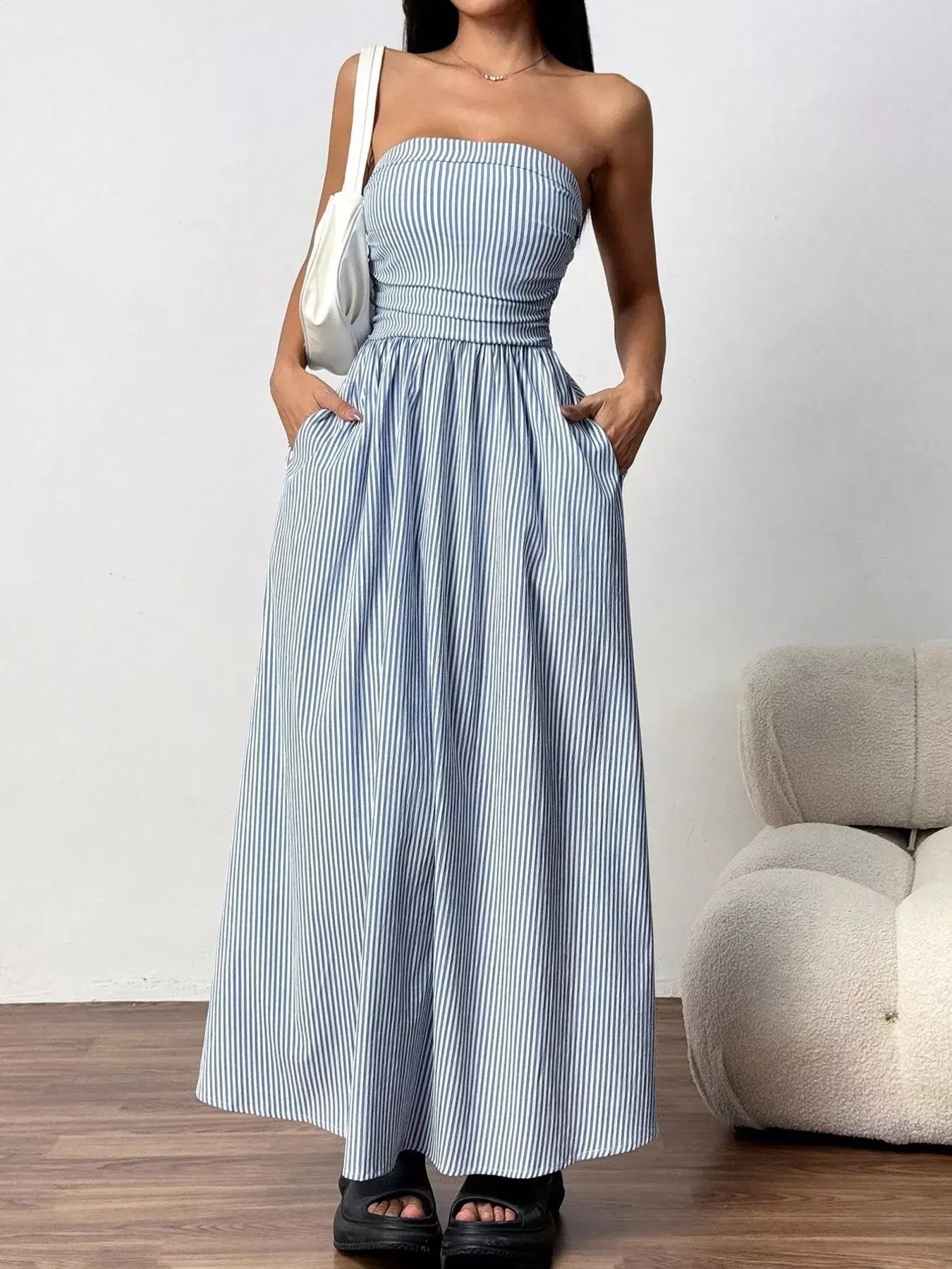 Striped Strapless Casual Maxi Dress - Trendsi - Flyclothing LLC