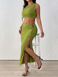 Perfee Texture Cropped Tank and Ruched Skirt Set - Trendsi - Flyclothing LLC