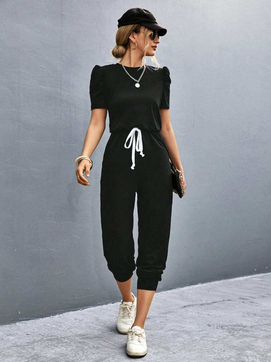 Round Neck Short Sleeve Jumpsuit - Trendsi - Flyclothing LLC