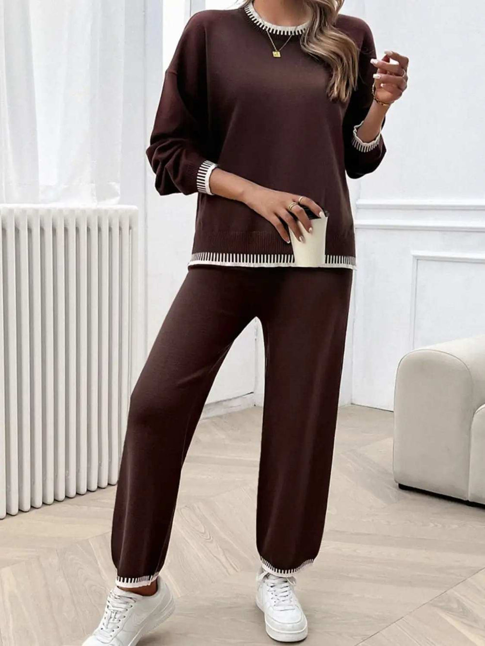 Round Neck Dropped Shoulder Top and Pants Sweater Set - Trendsi - Flyclothing LLC